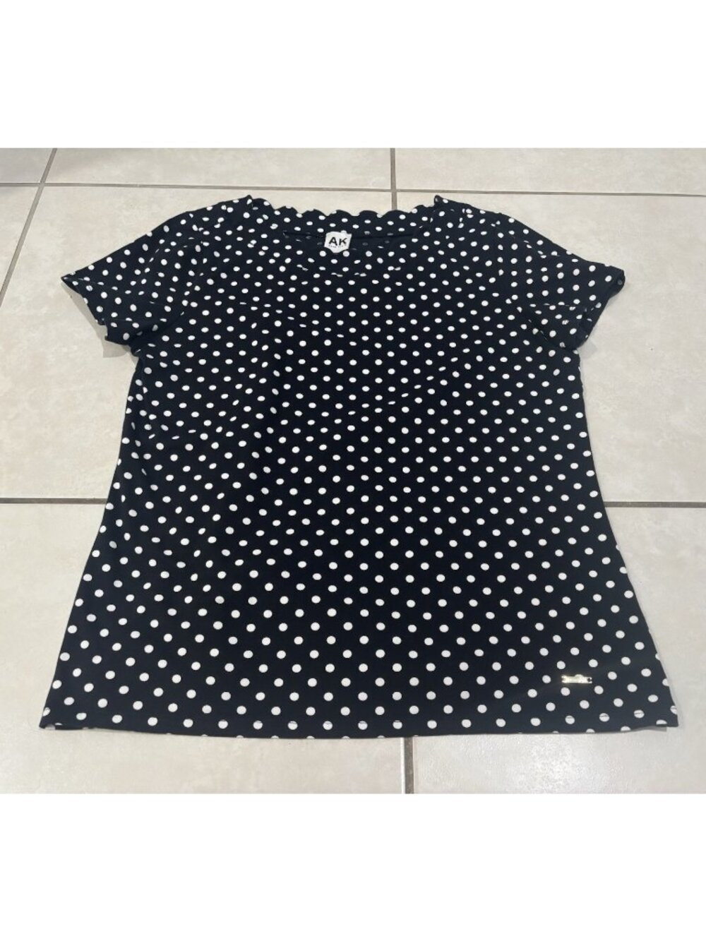 Anne Klein Women’s Size L Black Polka Dot Blouse Cap Sleeve Top Work